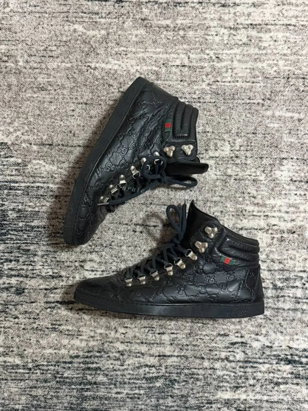 AUTHENTIC Gucci Bambi GG Monogram High Top Black Leather Sneakers UK 8 OR US 9